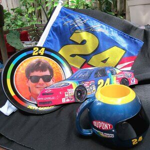 Vtg Lot NASCAR Jeff Gordon DuPont Racing Signed Helmet Metal Plate Car Flag #24